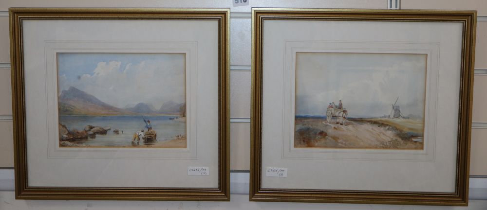 Marjorie May Bacon after Cotman, pair of watercolours, Coastal windmill and Lake scene, 18 x 24cm